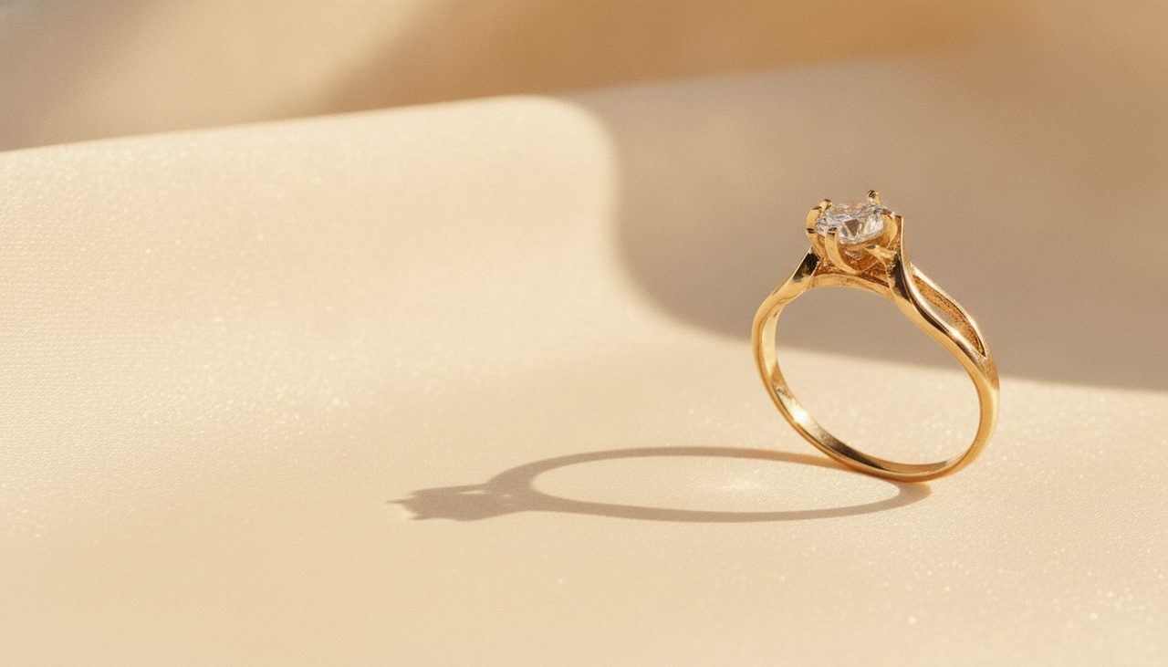 Anillo de compromiso terminado, protagonista sobre fondo neutro
