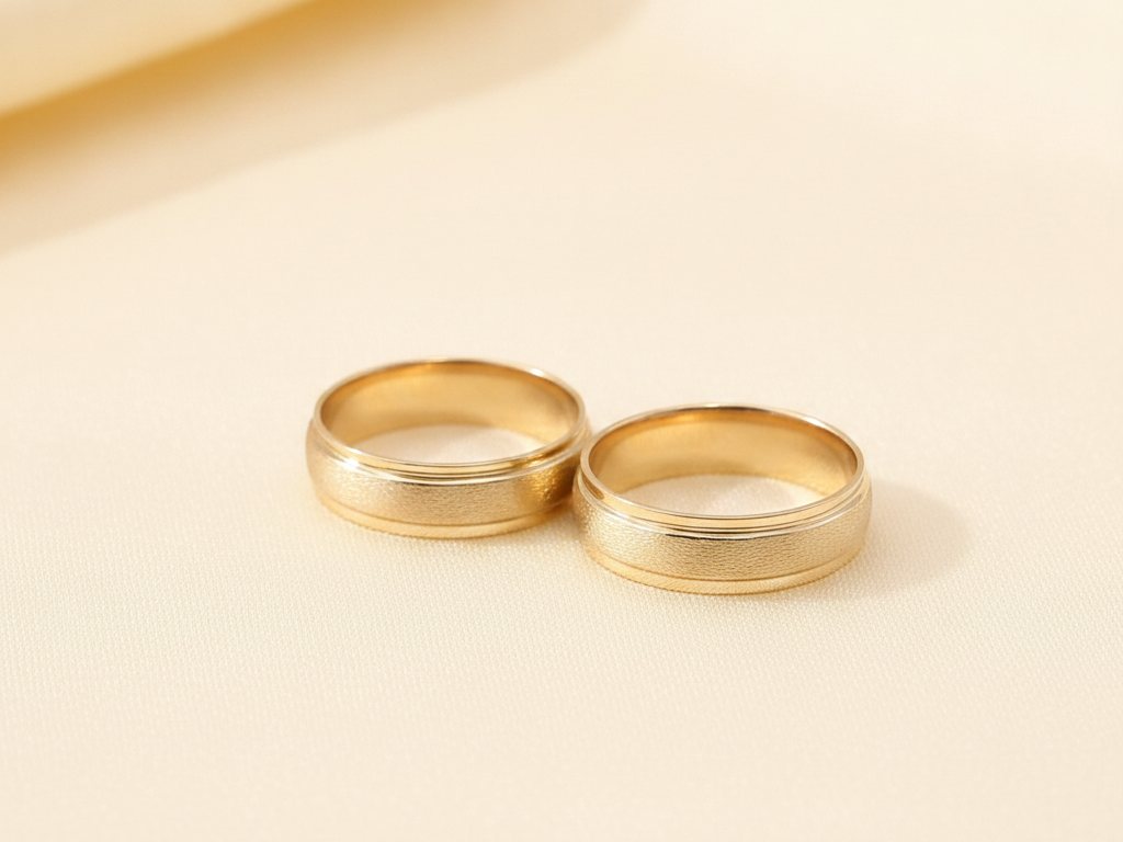 Par de aros de matrimonio en oro de 18k, juntos sobre fondo neutro